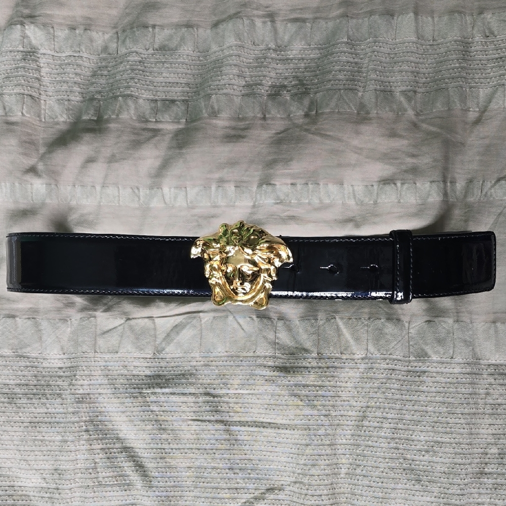 Versace Black Patent Leather Belt with Gold Medusa Buckle
